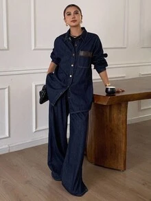 Livesso Bộ 2 áo sơ mi và quần denim rộng rãi thoải mái cho nữ, giặt cũ, thu/đông - Màu xanh lam - Xem 5