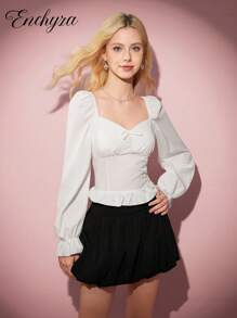 Teen Girl Casual Elegant Versatile White Long Sleeve Asymmetric Collar Blouse, Spring/Autumn - White - View 7