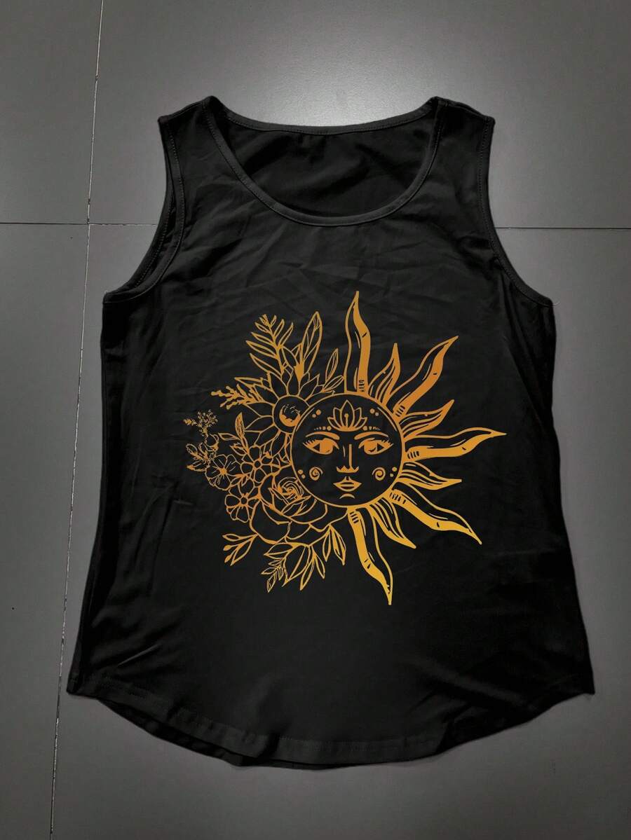 SHEIN EZwear 神圣的太阳和月亮女士工字背心 - 太阳符号天体设计时尚女士圆领无袖背心 - 黑色 - 查看 1
