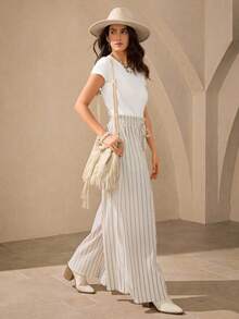 Wildy Fall Country Chic  Outfits Women Casual Comfortable Linen Flared Pants In Apricot Color, Elastic Waistband With Pockets, Suitable For Daily Casual Outings And Vintage Style Wear, Suitable For Summer And Autumn Striped Wide Leg Pants Pleated Wide Leg Pants Striped Pants Wide Leg Summer Pants Summer Pants - Apricot - View 6