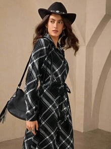Wildy Women's Black And White Checkered Autumn Casual Western Occasion Plaid Dress,Elegant Waist Tie Long Sleeve Button-Down Soft Viscose Midi Party Dress - Black - View 6