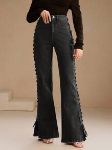 SHEIN X Jwoww Anewsta Women's New Fashion Design Side Bone Handmade Rope Black Denim Straight Leg Pants - Black - View 3