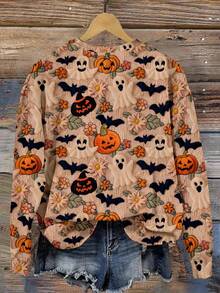 SHEIN LUNE 休闲简约印花图案圆领宽松女式卫衣，适合万圣节、鬼魂印花、南瓜印花、蝙蝠印花秋冬 - 彩色 - 查看 2