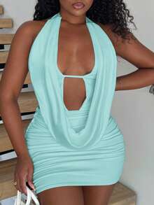 Alexandranx 女式纯色垂坠领口褶饰紧身性感迷你连衣裙，夏季 - 藍色 - 查看 5