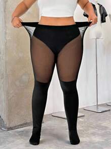 SHEIN EZwear 女士加大码、情人节、情人节长袜、加大码黑色紧身裤、防滑大腿高筒袜、黑色网眼拼布紧身裤休闲日常穿着、简约时尚、春夏装 - 黑色 - 查看 1