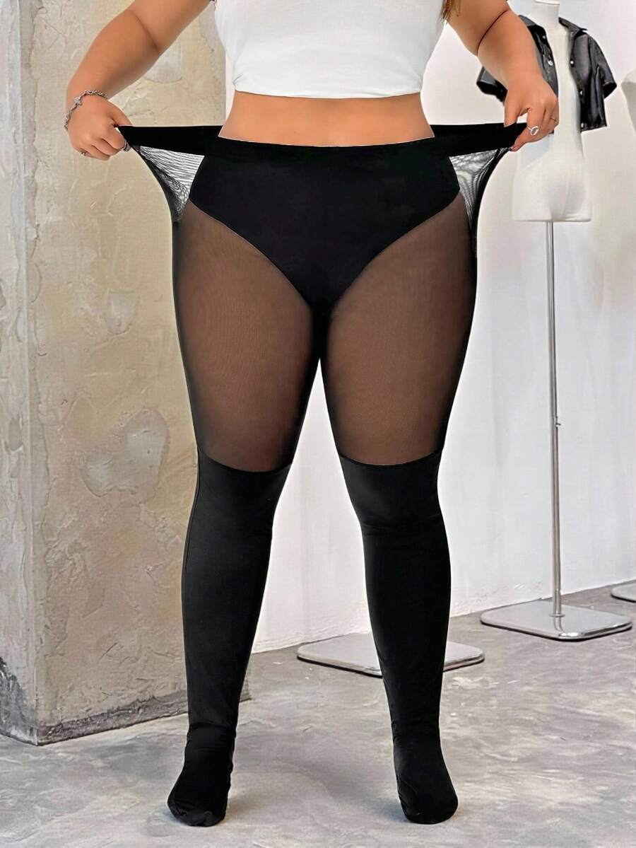 SHEIN EZwear 女士加大码、情人节、情人节长袜、加大码黑色紧身裤、防滑大腿高筒袜、黑色网眼拼布紧身裤休闲日常穿着、简约时尚、春夏装 - 黑色 - 查看 1