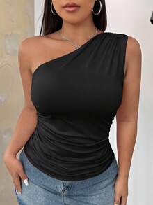 SHEIN EZwear Women's Plus Size One Shoulder Pleated Solid Color Top - Black - View 3