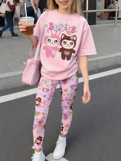 Elladie kids 2 件套返校女孩休闲时尚街头风格可爱兔子彩色字母图案印花短袖 T 恤和印花紧身裤套装