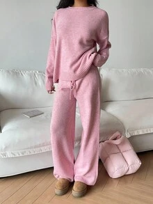 SHEIN Unity 2pcs Women Casual Loose Fit Drop Shoulder Long Sleeve Sweater And Knit Pants Set, Autumn