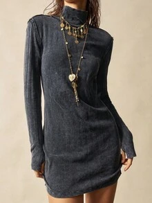 Bohemela Casual Solid Color Knit Turtleneck Long Sleeve Mini Dress For Women - Black - View 3