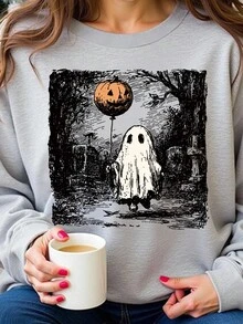EMERY ROSE 1. Halloween Ghost Sweatshirt, Spooky Pumpkin Balloon Atmosphere, Halloween Party Gift, Cute Ghost Shirt, Trick Or Treat Sweatshirt Fall Cloth For Women