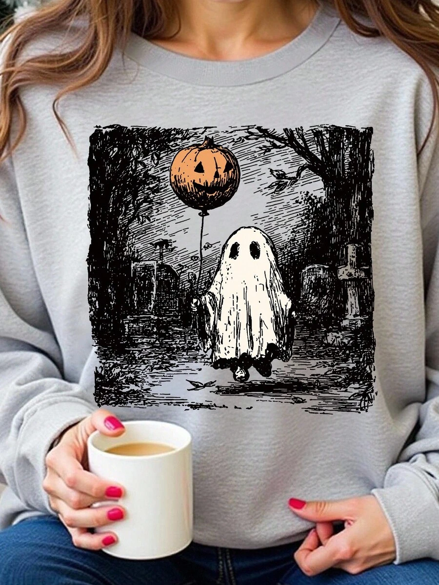 EMERY ROSE 1. Halloween Ghost Sweatshirt, Spooky Pumpkin Balloon Atmosphere, Halloween Party Gift, Cute Ghost Shirt, Trick Or Treat Sweatshirt Fall Cloth For Women