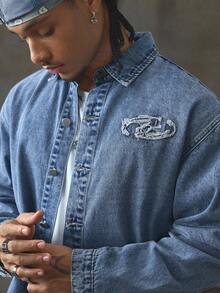 AXEPEAK Men's Washed Patch Craft Stylish Short Denim Jacket, Fall - Blue - View 3