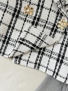 Modelyn Blazer corto casual de cuadros para mujer, de verano - Blanco y Negro - Ver 4