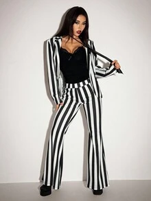 SHEIN ICON Women's Halloween Goth Style Black & White Striped Fitted Blazer Jacket And Flared Pants Suit, Autumn/Winter,Fall Tall Two Pieces Set Striped Two Pieces Set 2 Pieces Pant Sets Woman Black And White - Black and White - View 9