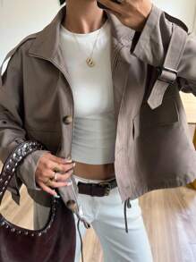 SHEIN EZwear Trench Coats New Autumn Old Money Women's Autumn Fashion Street Chic High Collar Dropped Shoulder Loose Flap Pocket Short Trench Coat Brown Clothes - Mocha Brown - View 1