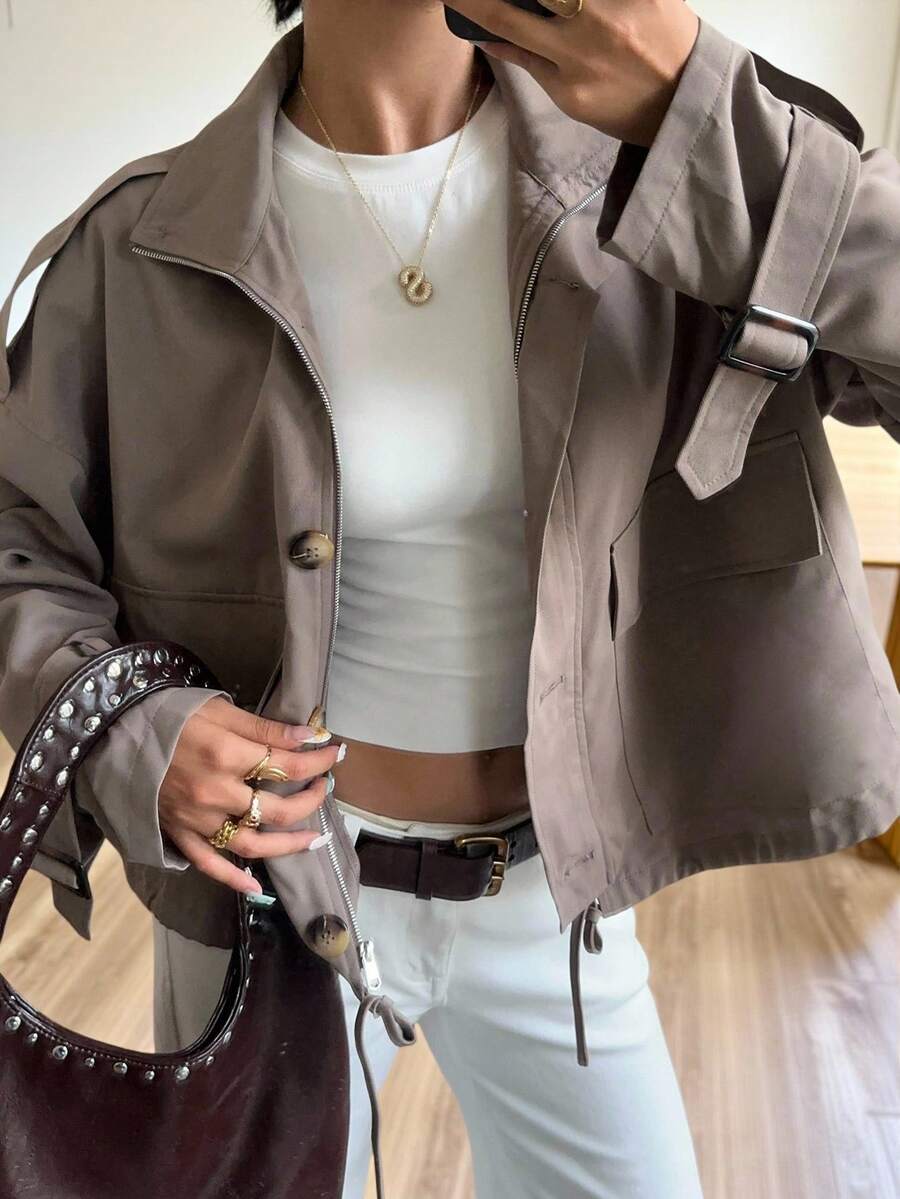 SHEIN EZwear Trench Coats New Autumn Old Money Women's Autumn Fashion Street Chic High Collar Dropped Shoulder Loose Flap Pocket Short Trench Coat Brown Clothes - Mocha Brown - View 1