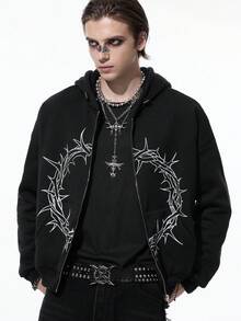 ROMWE MEN Goth Sudadera con capucha casual de manga larga con cremallera y cuello, con estampado gótico oscuro, para otoño - Negro - Ver 1