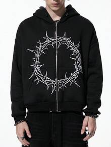 ROMWE MEN Goth Sudadera con capucha casual de manga larga con cremallera y cuello, con estampado gótico oscuro, para otoño - Negro - Ver 9