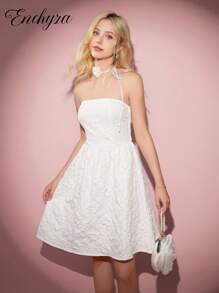 Teen Girl Casual Elegant Vacation Dress, White Bustier Jacquard Bow Bust Fitted Camisole Mini Skirt, Suitable For Halloween, Autumn/Winter - White - View 5