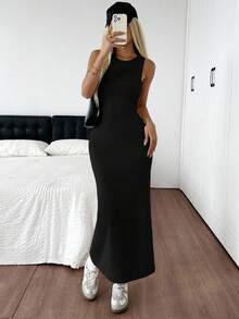 SHEIN EZwear 女式黑色针织露背紧身无袖连衣裙 - 黑色 - 查看 4