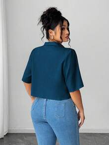 Elenzga 女式褶饰蝴蝶结短款优雅衬衫 - 藍色 - 查看 2