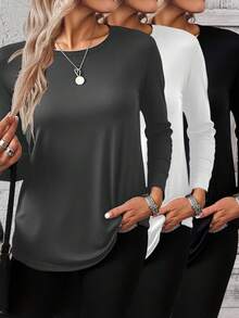 EMERY ROSE 1pc Women's Loose Fit Round Neck Long Sleeve Shirt, Casual Layering TopIn Fall/Winter - Multicolor - View 4