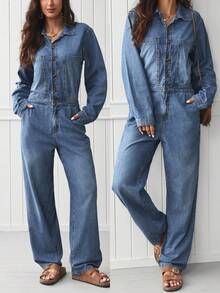 EMERY ROSE 女士休闲通勤洗水牛仔连体裤 - 藍色 - 查看 1