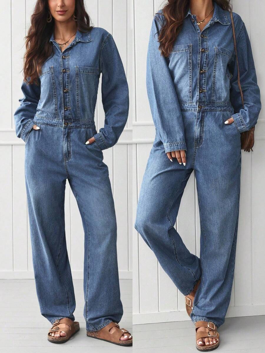 EMERY ROSE Bộ đồ liền thân denim giặt thường ngày dành cho nữ - Màu xanh lam - Xem 1