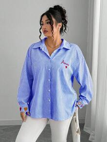 Elenzga 大码女式法式条纹印花和刺绣心形衬衫 - 藍色 - 查看 3