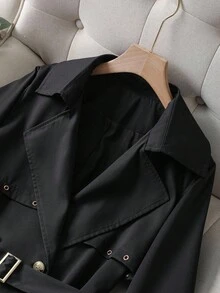 Franclia معطف ترنش أنيق متوسط الطول للنساء ذو تصميم معدني مثقب وأبازيم للخصر، مناسب للخريف والشتاء، باللون الأسود، مناسب للخروج والأناقة والأعمال المكتبية واليومية والمهنية والحضرية - الأسود - مشاهدة 4