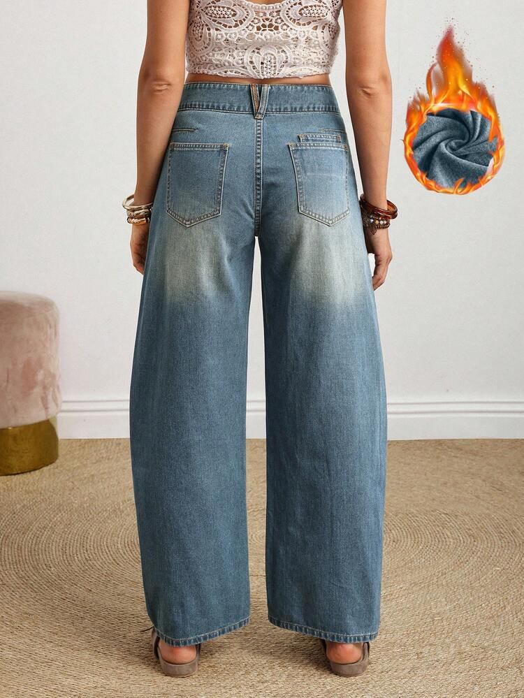 EMERY ROSE Women's Casual Daily Fashion Street Banana Denim Jeans With Slant Pockets, Loose Fit & Thermal Lined, Autumn/Winter Casual Street Patchwork Pocket Loose Wide Leg Jeans Women Jeans Baggy Loose Jeans Thermal Denim - Blue - View 3