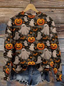 SHEIN LUNE Sudadera holgada de mujer con cuello redondo, estampado minimalista casual, adecuada para Halloween, con estampado de fantasma o calabaza para otoño/invierno - Multicolor - Ver 2