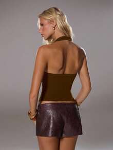 TRNVIE Elegant High Street Halter Neck Circular Decor Sleeveless Top For Women, Light Blue, Spring/Summer - Coffee Brown - View 2