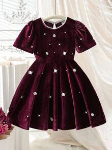 Glamorique Kids Young Girls Burgundy Velvet Bubble Short Sleeve A-Line Dress With Pearl Flower Decor, Pearl Round Neck Droplet Button, Retro Palace Style, Elegant For Christmas Party, Spring/Autumn  Princess  Halloween/Christmas Party Dresses For  Vacation  Autumn And Winter - Burgundy - View 4