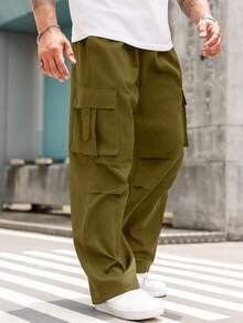 Manfinity Roughcore 秋季大码纯色抽绳腰时尚直筒工装裤 - 棕色 - 查看 3