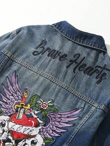 ROMWE MEN Goth Men's Autumn Letter & Skull Embroidery Single-Breasted Casual Denim Jacket - Blue - View 4