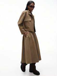 GENKIRA 新款时尚女士两件套，绒面革复古卡其色经典口袋设计感纽扣高端工装风格立领女士两件套 - 卡其色 - 查看 7