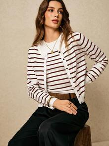 Poéselle 秋冬女士休闲条纹印花毛衣两件套 - 咖啡棕 - 查看 7