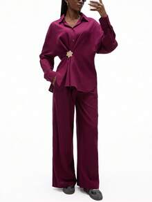 Aveloria GENKIRA 2pcs Set: Asymmetric Floral Brooch Design Casual Long Sleeve Shirt & High Waist Wide Leg Pants Fall Cloth For Women - Burgundy - View 4
