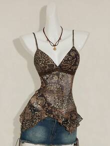 SHEIN ICON 女士复古佩斯利印花拼接不对称下摆可爱性感上衣，秋冬豹纹上衣，棕色上衣，动物纹上衣，蛇纹上衣，女士上衣，优雅时尚 - 摩卡棕 - 查看 3