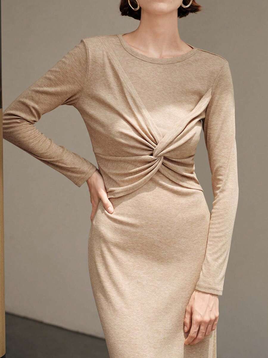 Uhlyne Uhlyne Abito midi elegante da donna con design annodato, arricciato, a tinta unita, aderente, vintage, minimalista, alla moda, basic, adatto per l'ufficio