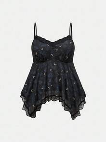 ROMWE Goth Áo hai dây phối ren họa tiết ngôi sao và cây cổ điển tối màu bí ẩn cỡ lớn - màu đen - Xem 1