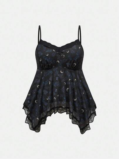 Goth Débardeur grande taille vintage avec contraste de maille mystérieuse sombre étoilée et végétale, garni de dentelle