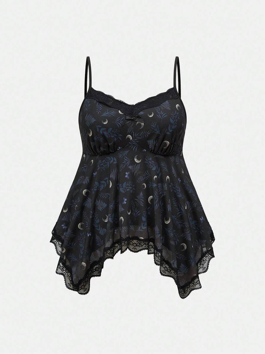 ROMWE Goth Áo hai dây phối ren họa tiết ngôi sao và cây cổ điển tối màu bí ẩn cỡ lớn - màu đen - Xem 1