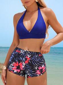 SHEIN Swim 夏季海滩热带比基尼套装吊带上衣和短裤 2 件比基尼 - 彩色 - 查看 3