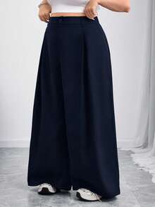 SHEIN CURVE+ Quần áo Curve Plus Size/Mùa thu/Mùa thu cho nữ/Mùa đông cho nữ/Mùa đôngQuần ống rộng đơn sắc cài nút thường ngày cho nữ cỡ lớn, Quần áo mùa thu cho nữQuần áo mùa thu cho nữ,Mùa đông,CURVE PLUS - Màu xanh hải quân - Xem 5