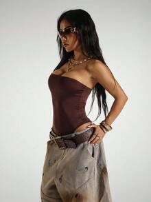 SHEIN PETITE Streetwear 女式百搭无袖紧身衣 - 棕色 - 查看 5