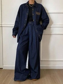 Livesso Bộ 2 áo sơ mi và quần denim rộng rãi thoải mái cho nữ, giặt cũ, thu/đông - Màu xanh lam - Xem 4