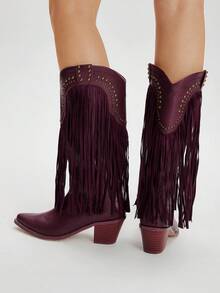 Styleloop CUCCOO Women's Pointed Toe Chunky Heel Fringe Studded Western Mid-Calf Boots - Burgundy - View 4
